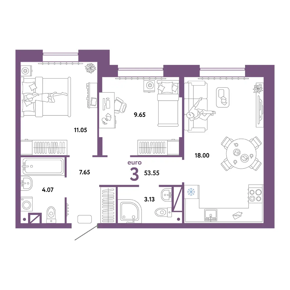 Планировка: Юнион 3-комнатная 53,55м²