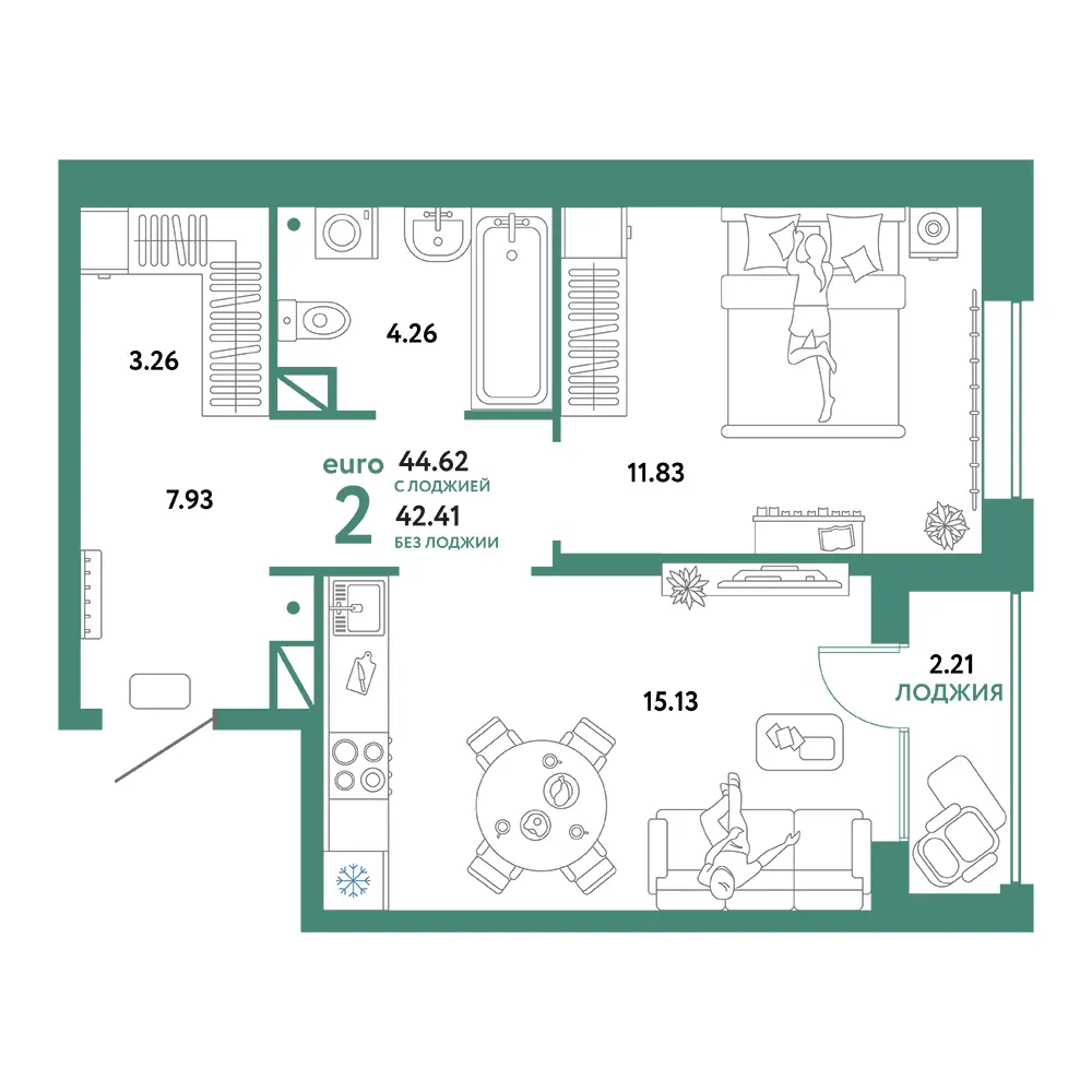 Планировка: Юнион 2-комнатная 44,62м²
