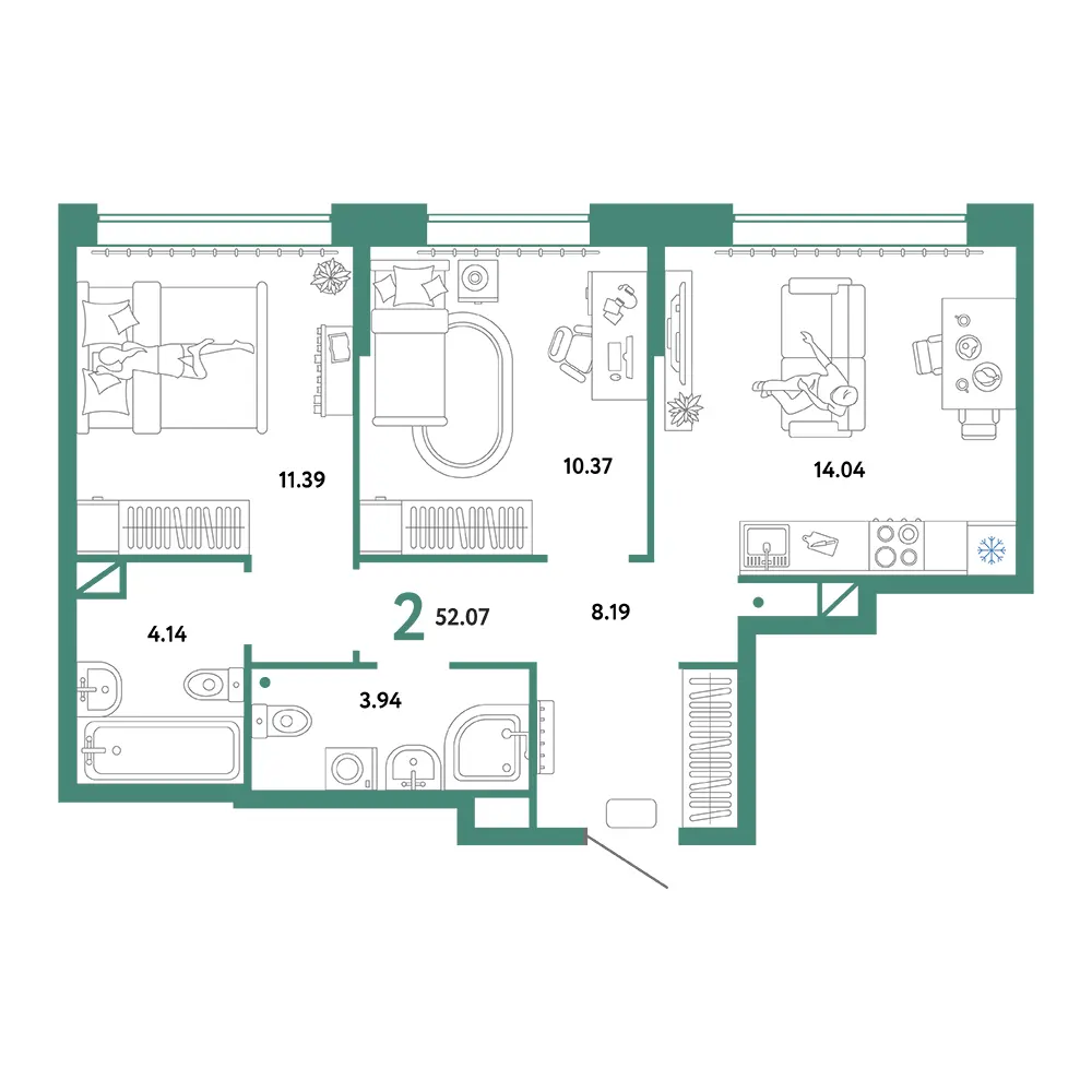 Планировка: Юнион 2-комнатная 52,07м²