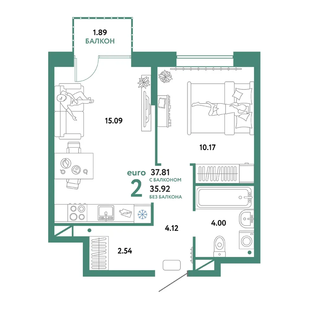 Планировка: Юнион 2-комнатная 37,81м²