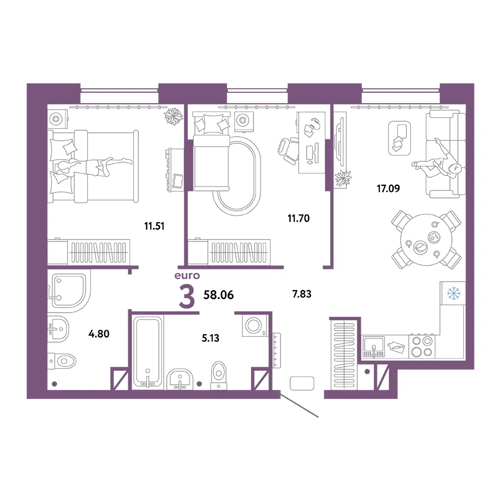 Планировка: Юнион 3-комнатная 58,06м²