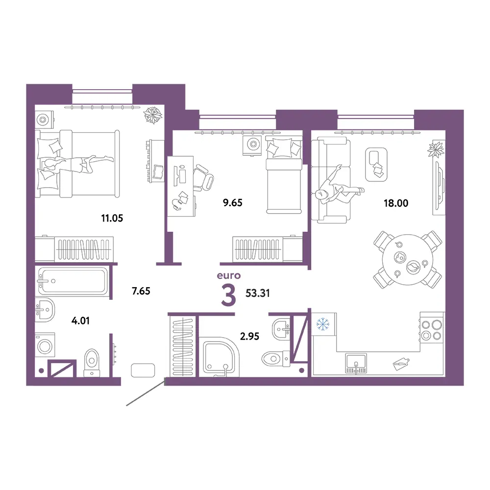 Планировка: Юнион 3-комнатная 53,31м²
