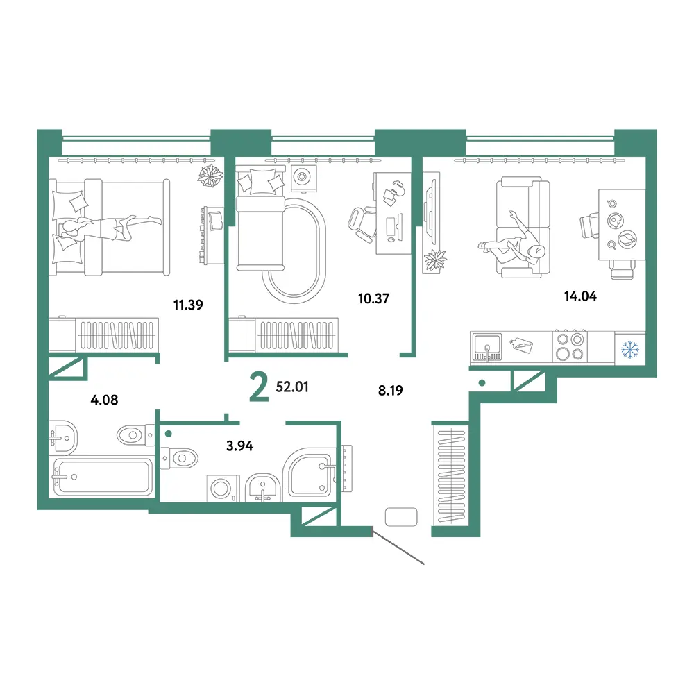 Планировка: Юнион 2-комнатная 52,01м²