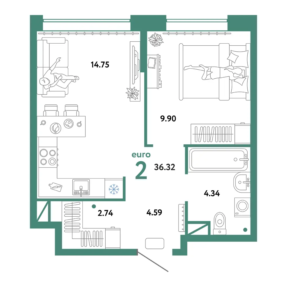 Планировка: Юнион 2-комнатная 36,32м²