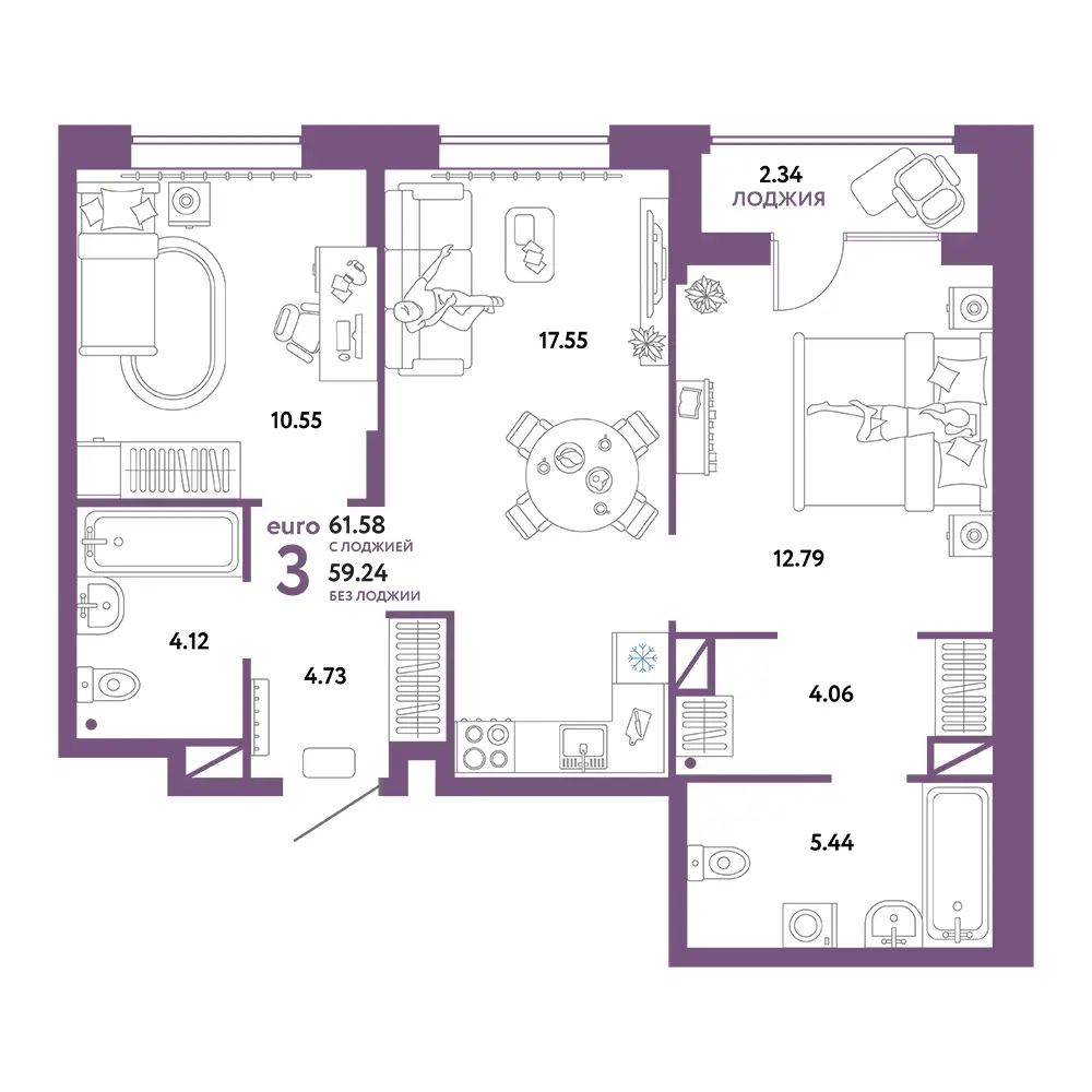 Планировка: Юнион 3-комнатная 61,58м²