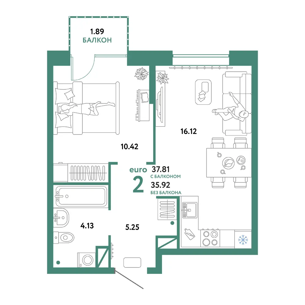 Планировка: Юнион 2-комнатная 37,81м²