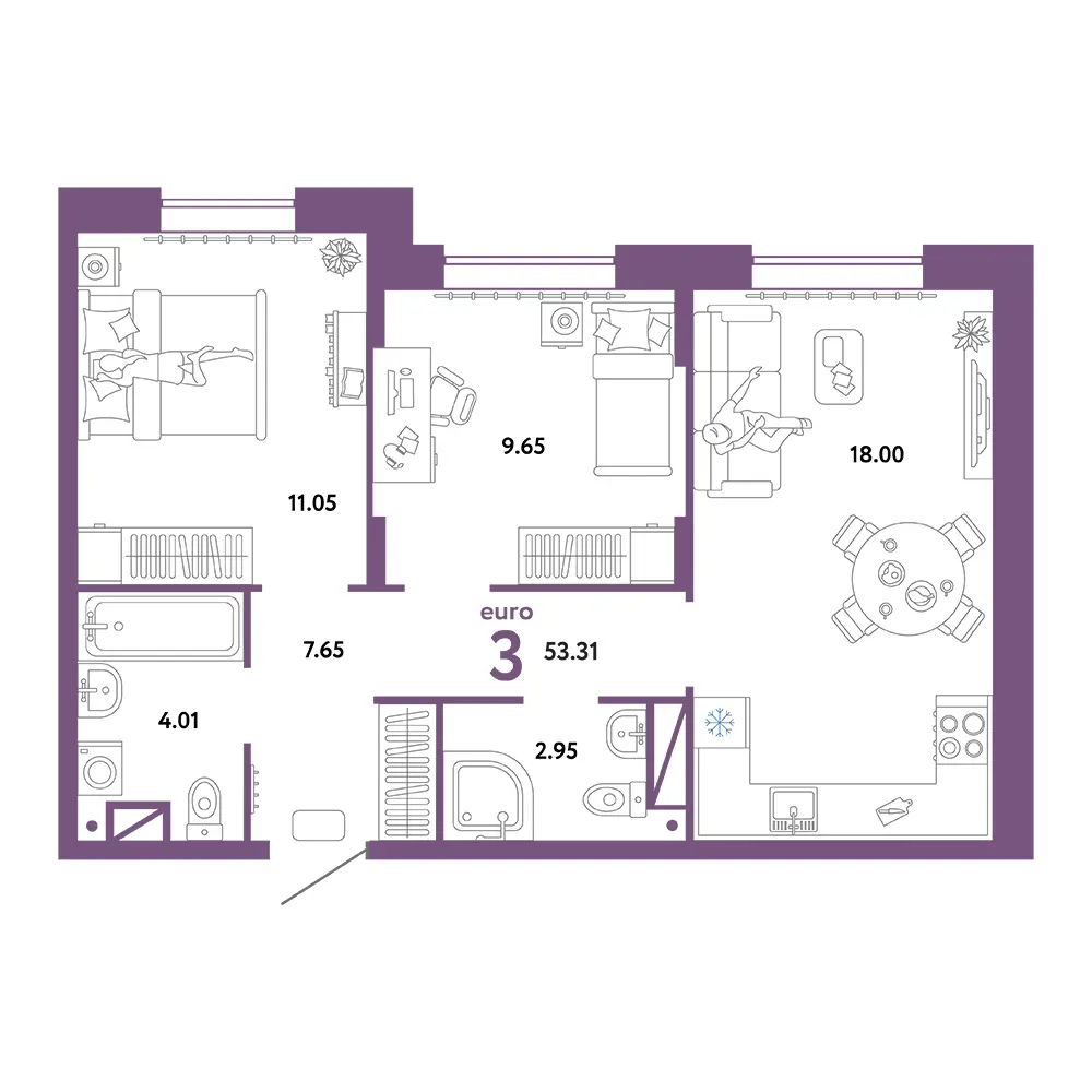 Планировка: Юнион 3-комнатная 53,31м²
