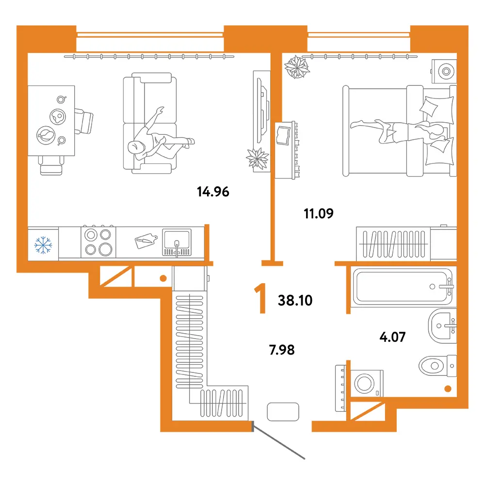 Планировка: Юнион 1-комнатная 38,10м²