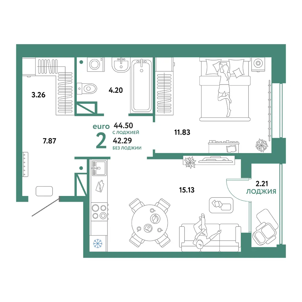 Планировка: Юнион 2-комнатная 44,50м²