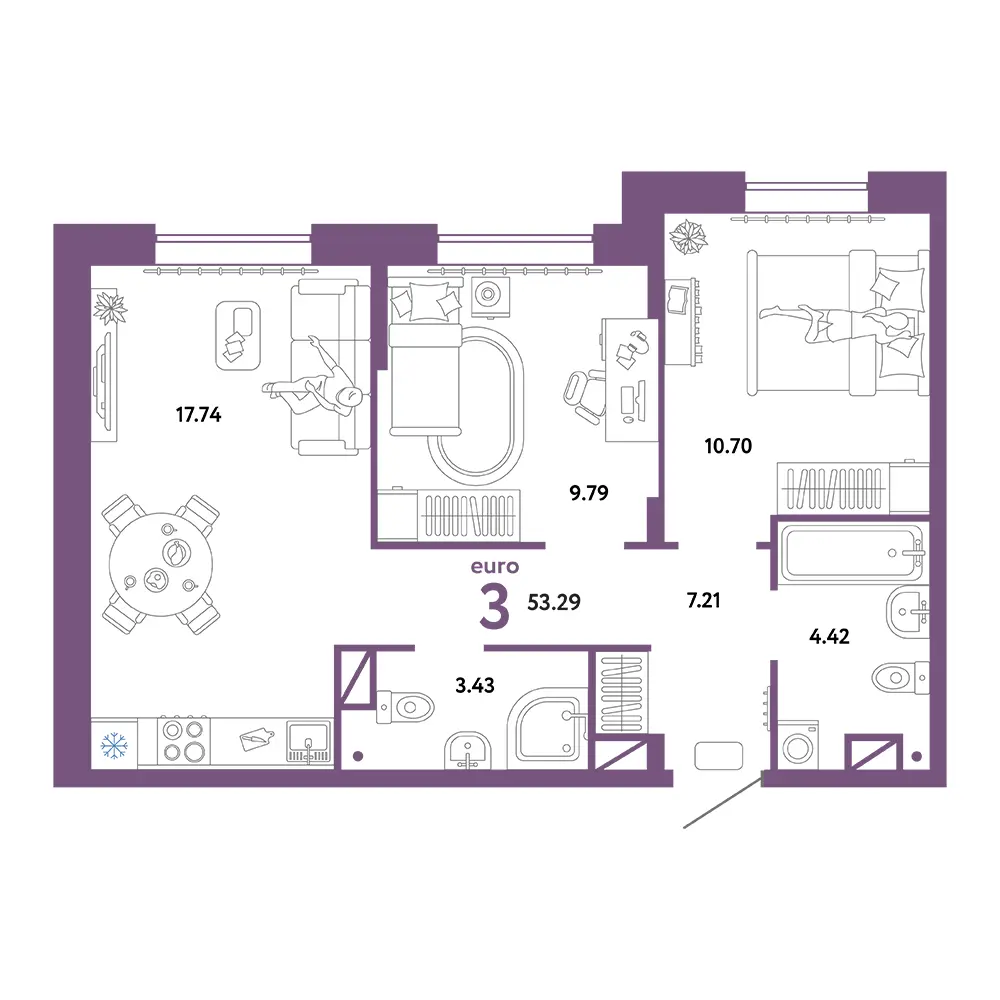 Планировка: Юнион 3-комнатная 53,29м²