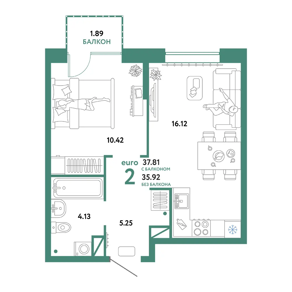 Планировка: Юнион 2-комнатная 37,81м²