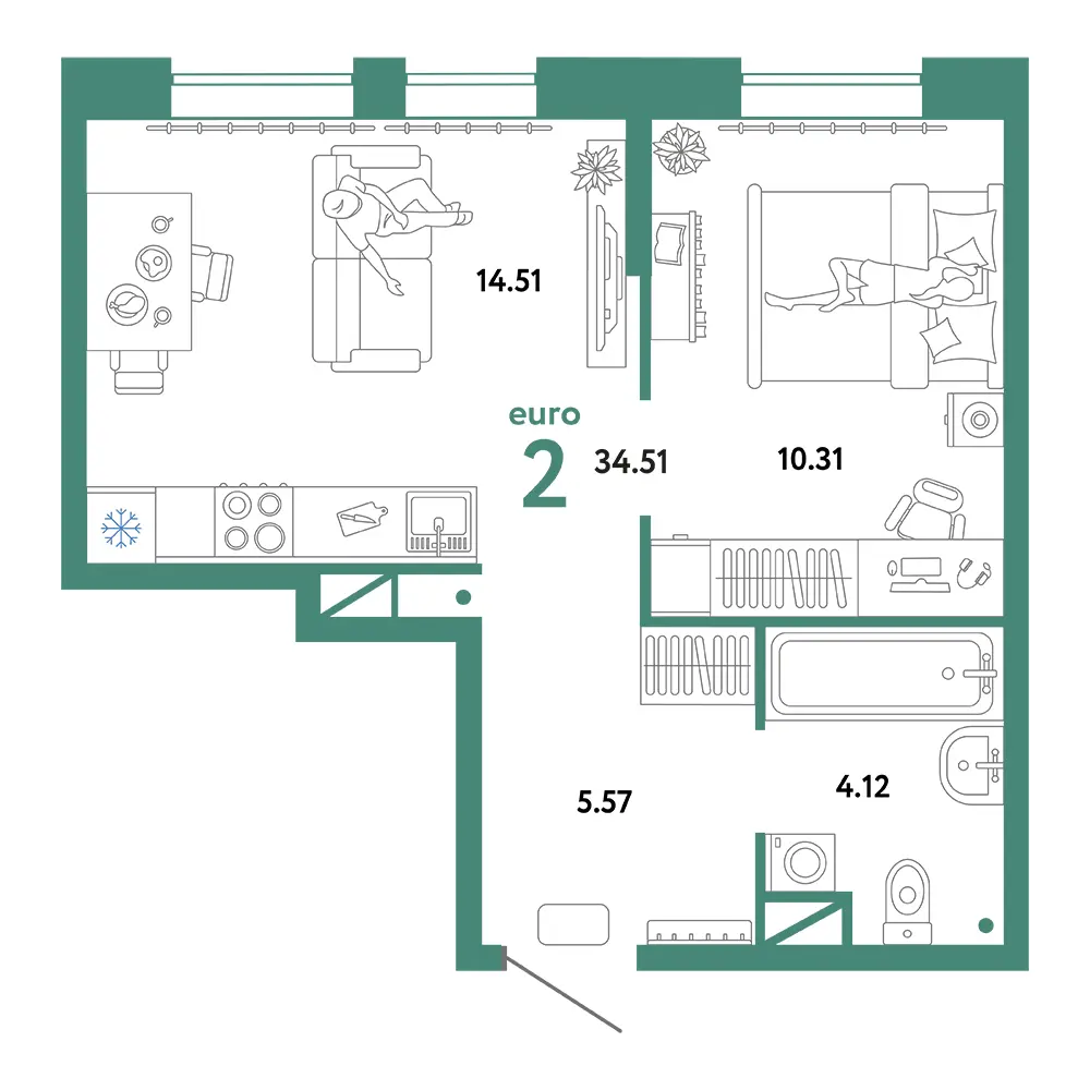 Планировка: Юнион 2-комнатная 34,51м²