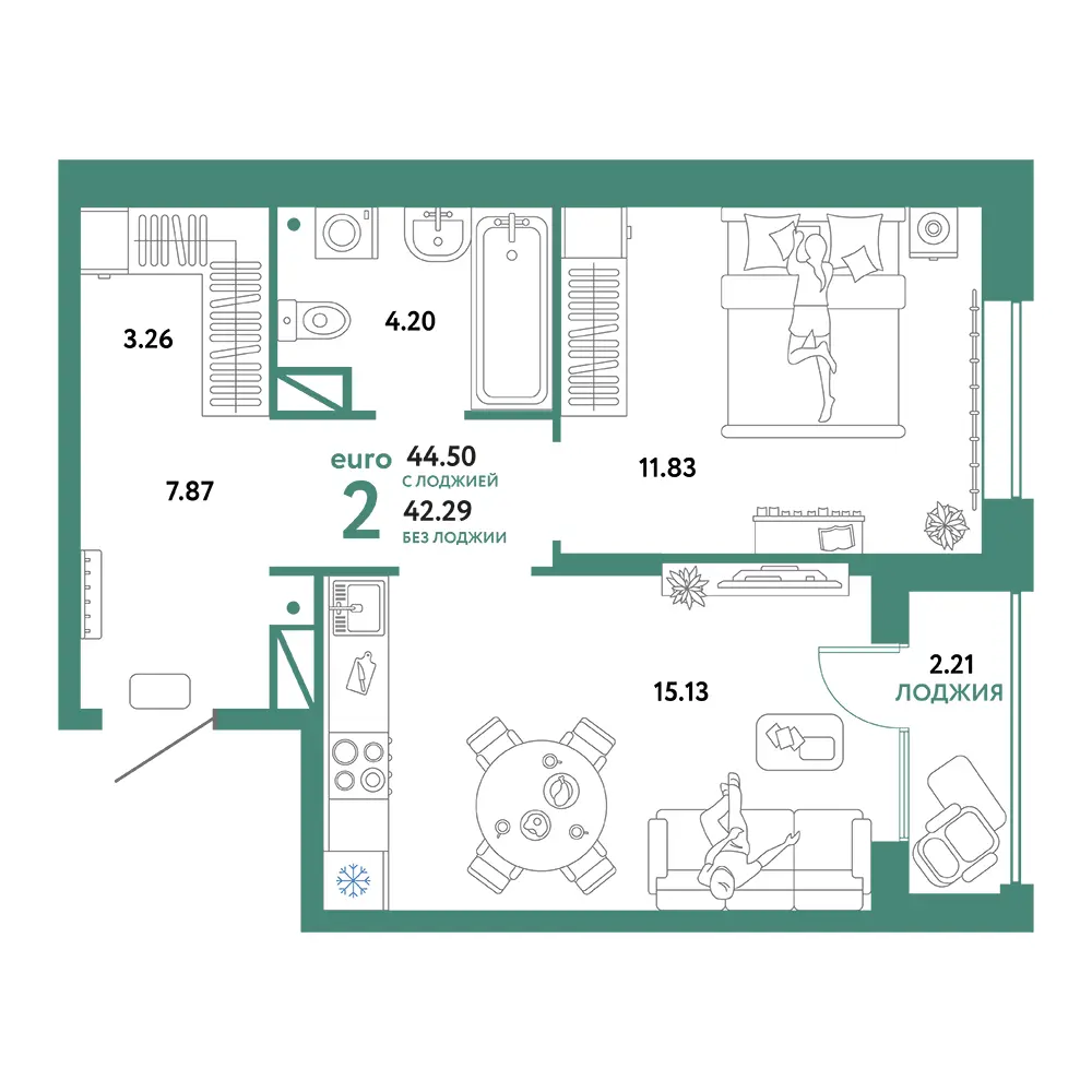 Планировка: Юнион 2-комнатная 44,50м²