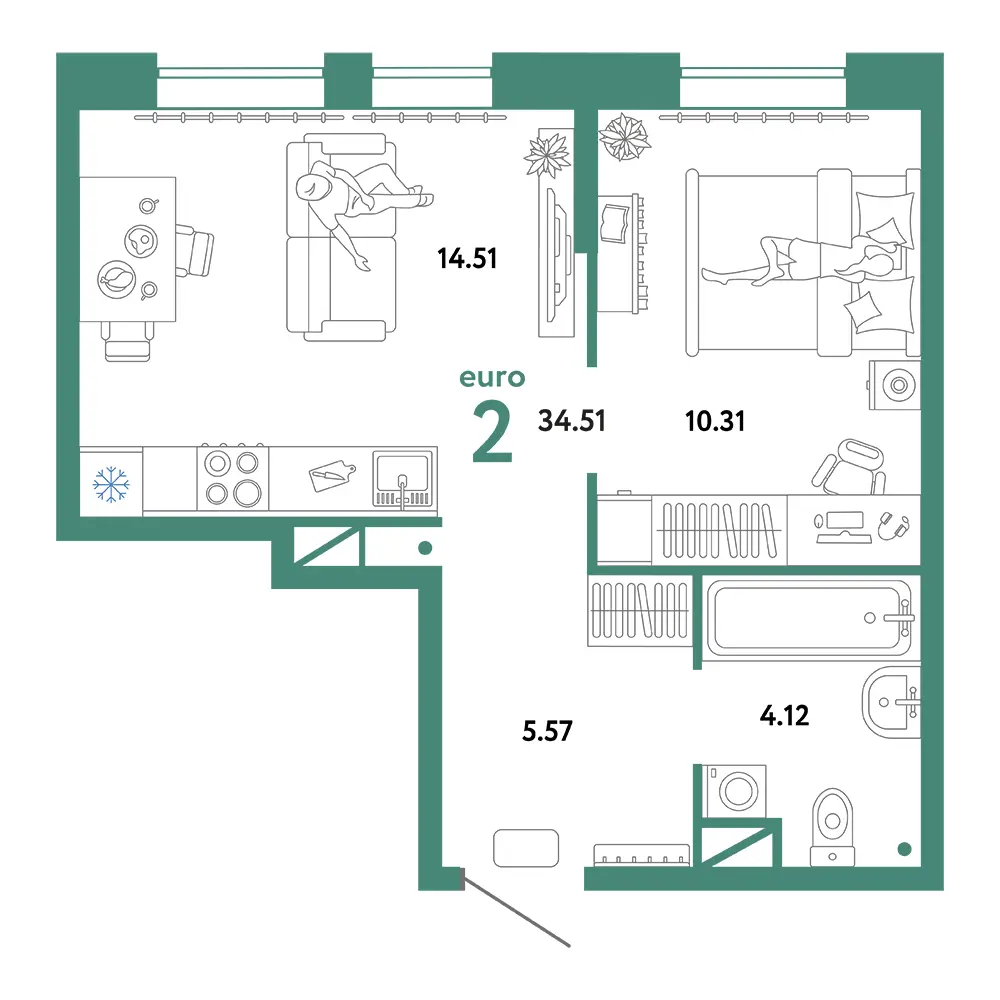 Планировка: Юнион 2-комнатная 34,51м²