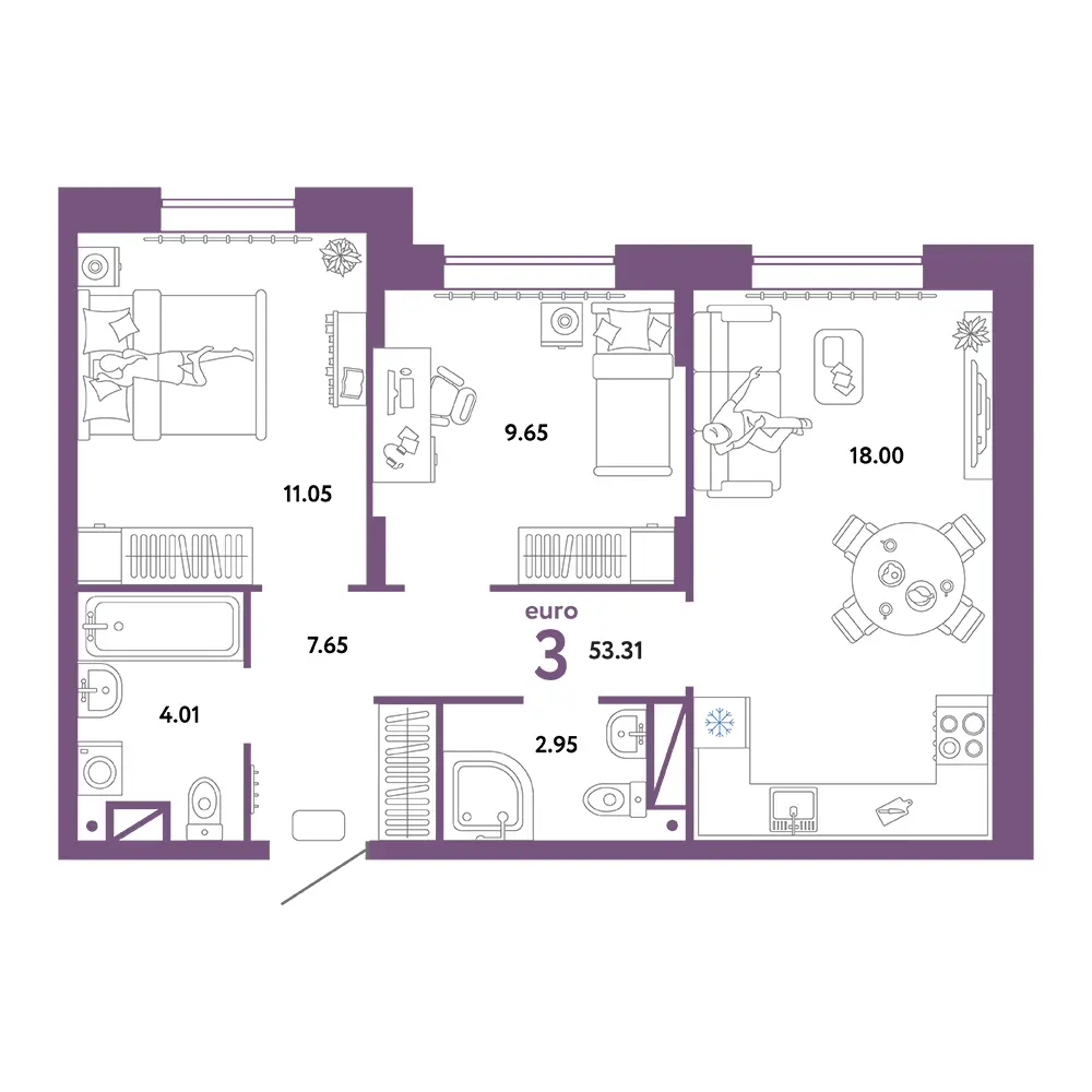 Планировка: Юнион 3-комнатная 53,31м²