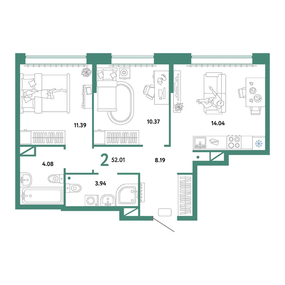 Планировка: Юнион 2-комнатная 52,01м²