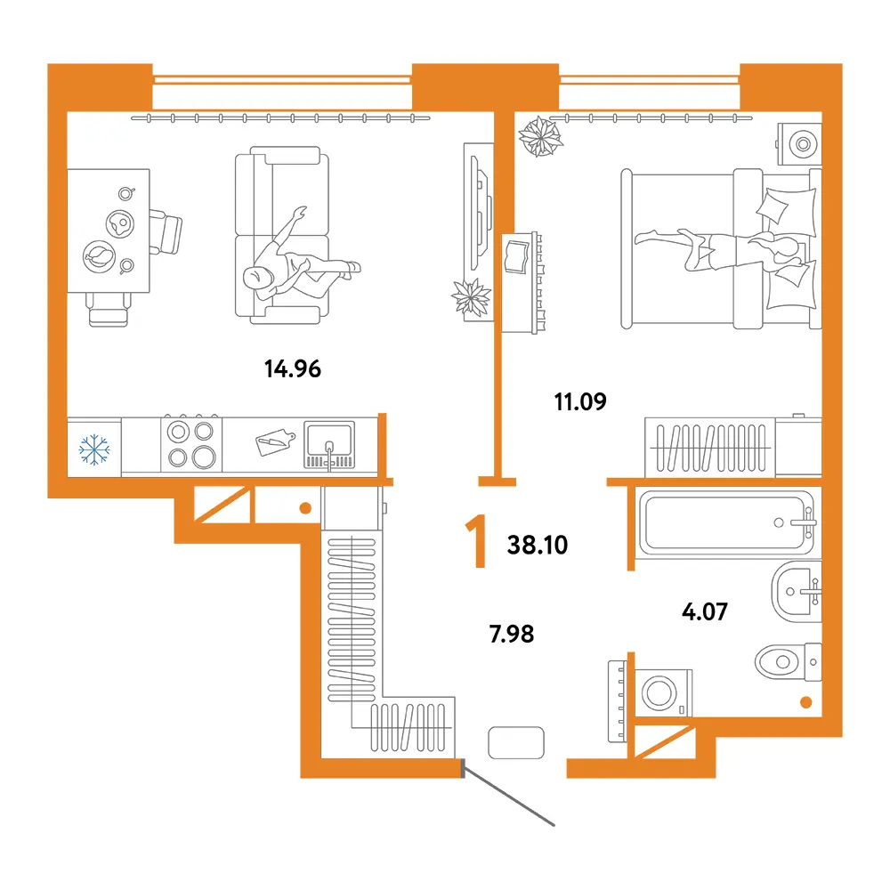 Планировка: Юнион 1-комнатная 38,10м²