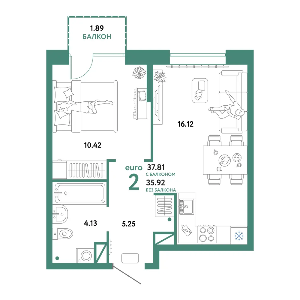 Планировка: Юнион 2-комнатная 37,81м²