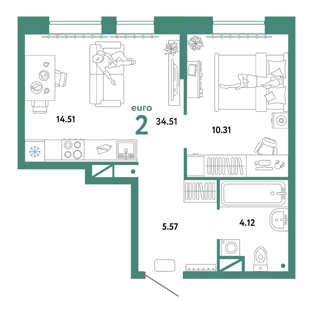 Планировка: Юнион 2-комнатная 34,51м²