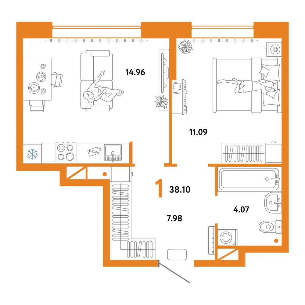 Планировка: Юнион 1-комнатная 38,10м²