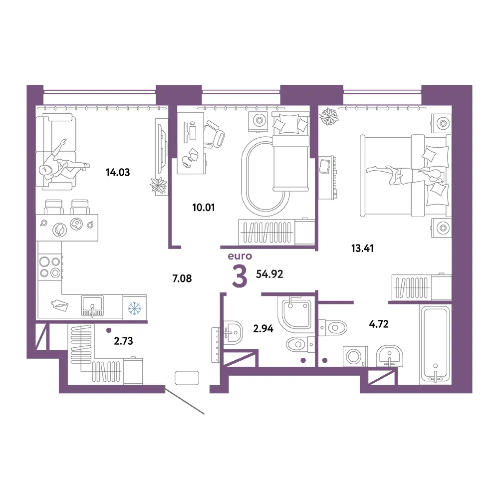 Планировка: Юнион 3-комнатная 54,92м²