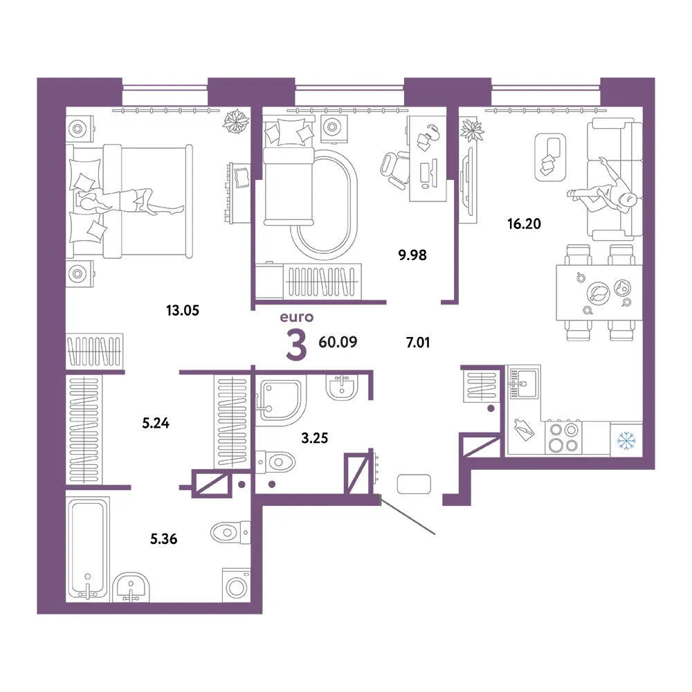 Планировка: Юнион 3-комнатная 60,09м²