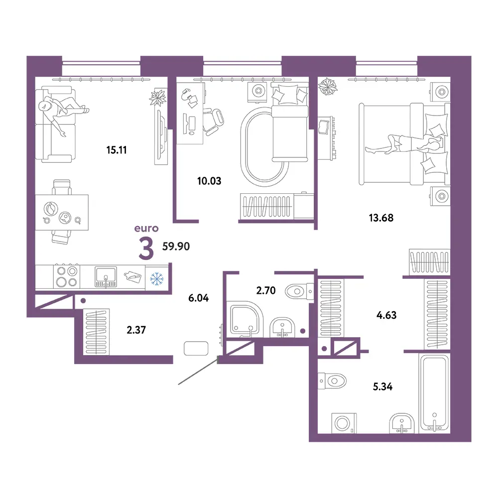 Планировка: Юнион 3-комнатная 59,90м²