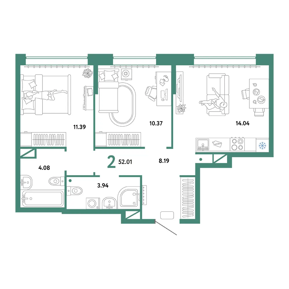 Планировка: Юнион 2-комнатная 52,01м²