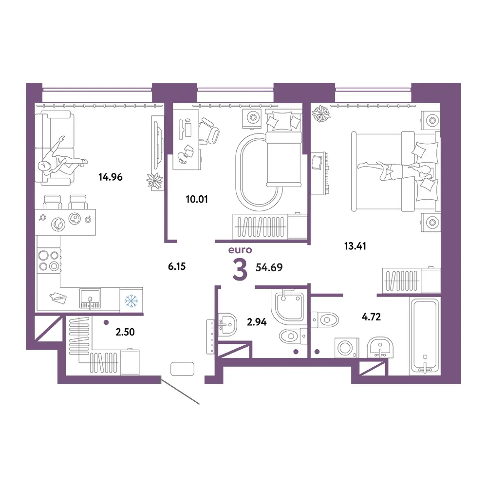 Планировка: Юнион 3-комнатная 54,69м²