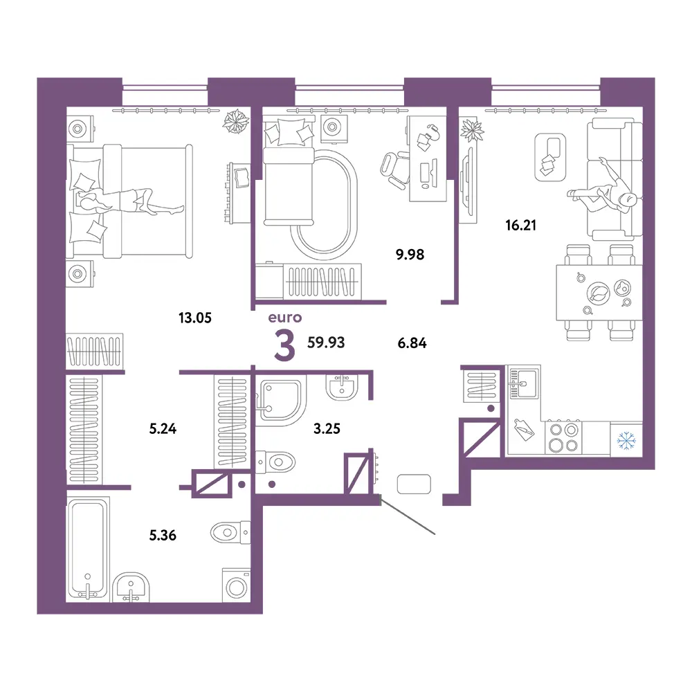 Планировка: Юнион 3-комнатная 59,93м²