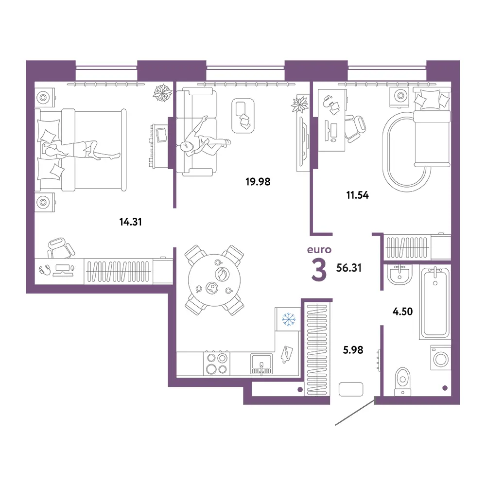 Планировка: Юнион 3-комнатная 56,31м²