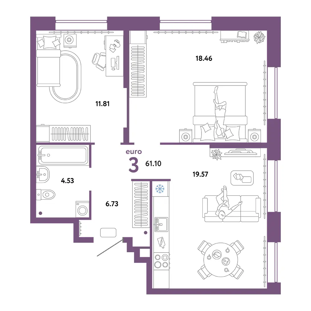 Планировка: Юнион 3-комнатная 61,10м²