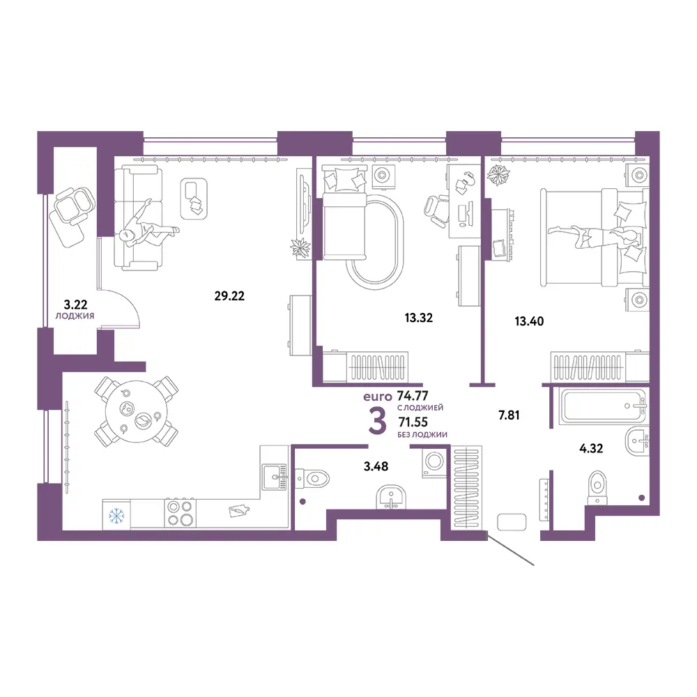 Планировка: Юнион 3-комнатная 74,77м²