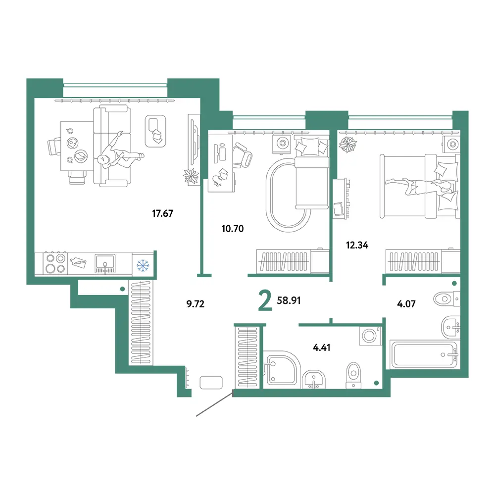 Планировка: Юнион 2-комнатная 58,91м²