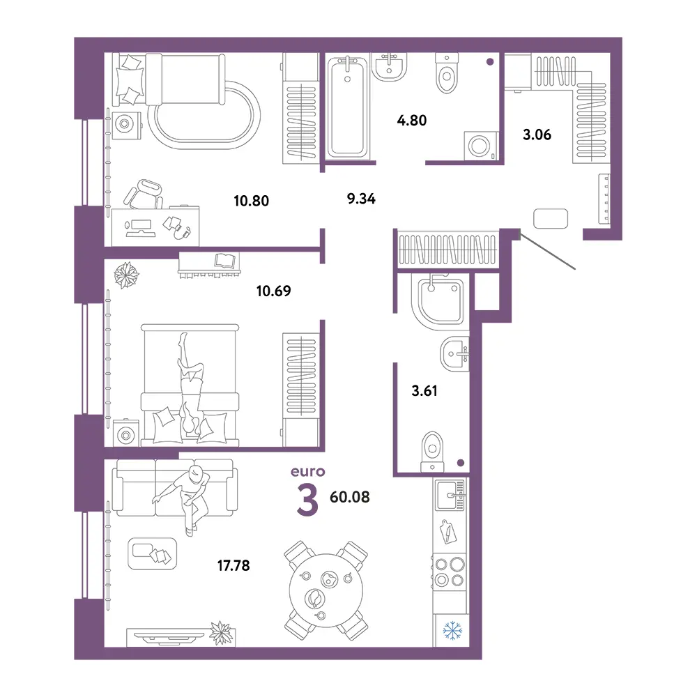 Планировка: Юнион 3-комнатная 60,08м²