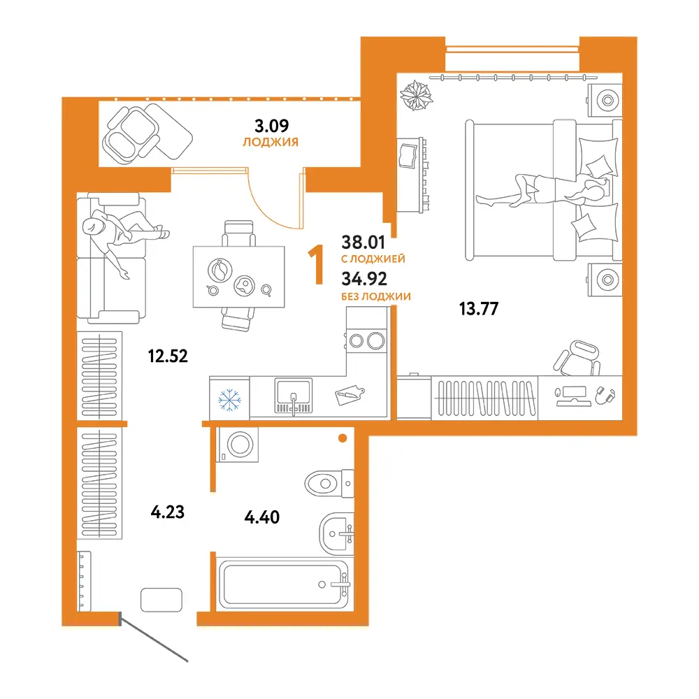 Планировка: Юнион 1-комнатная 38,01м²