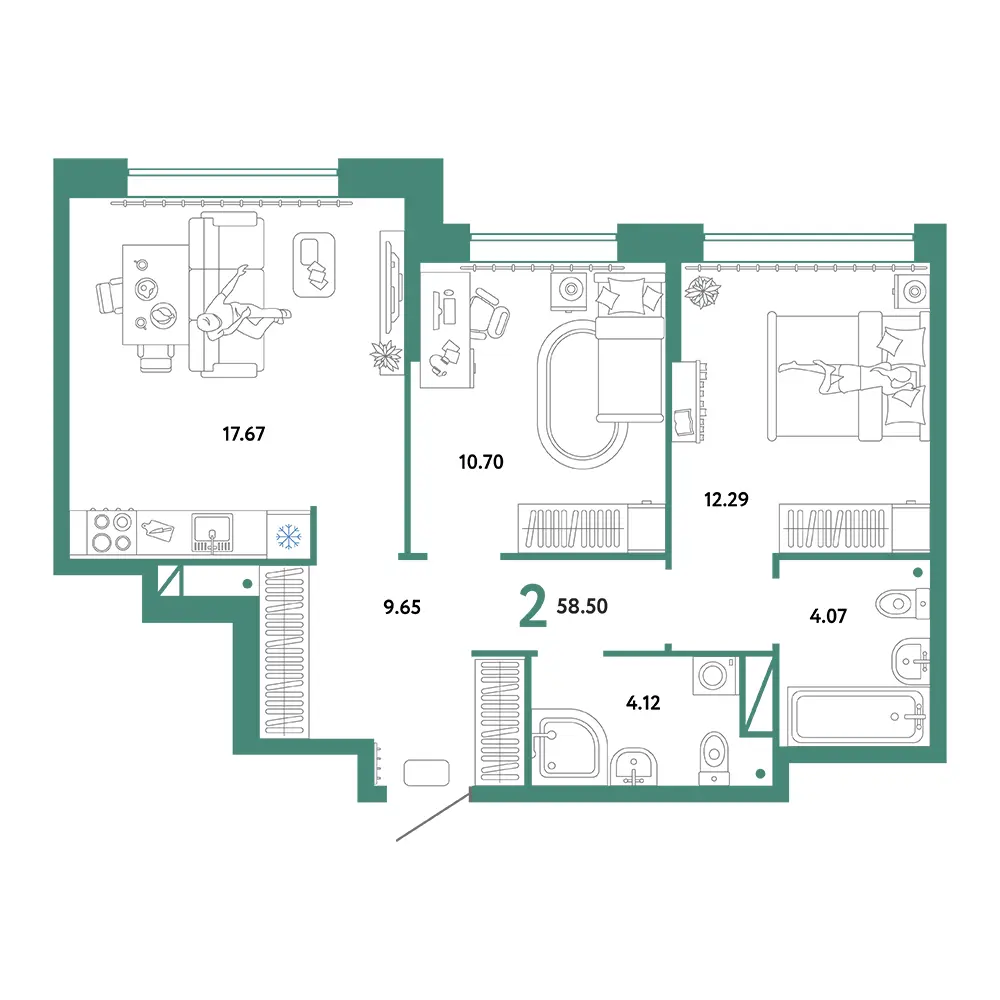 Планировка: Юнион 2-комнатная 58,50м²