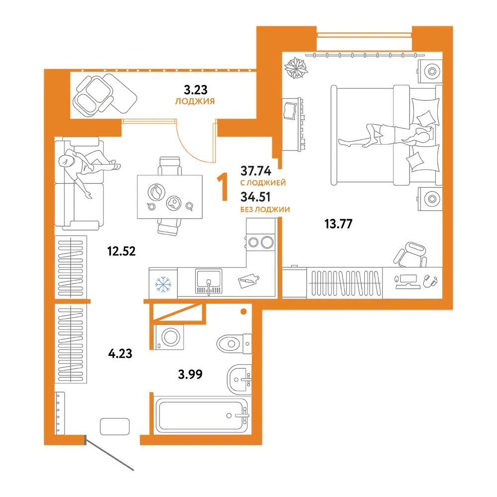 Планировка: Юнион 1-комнатная 37,74м²