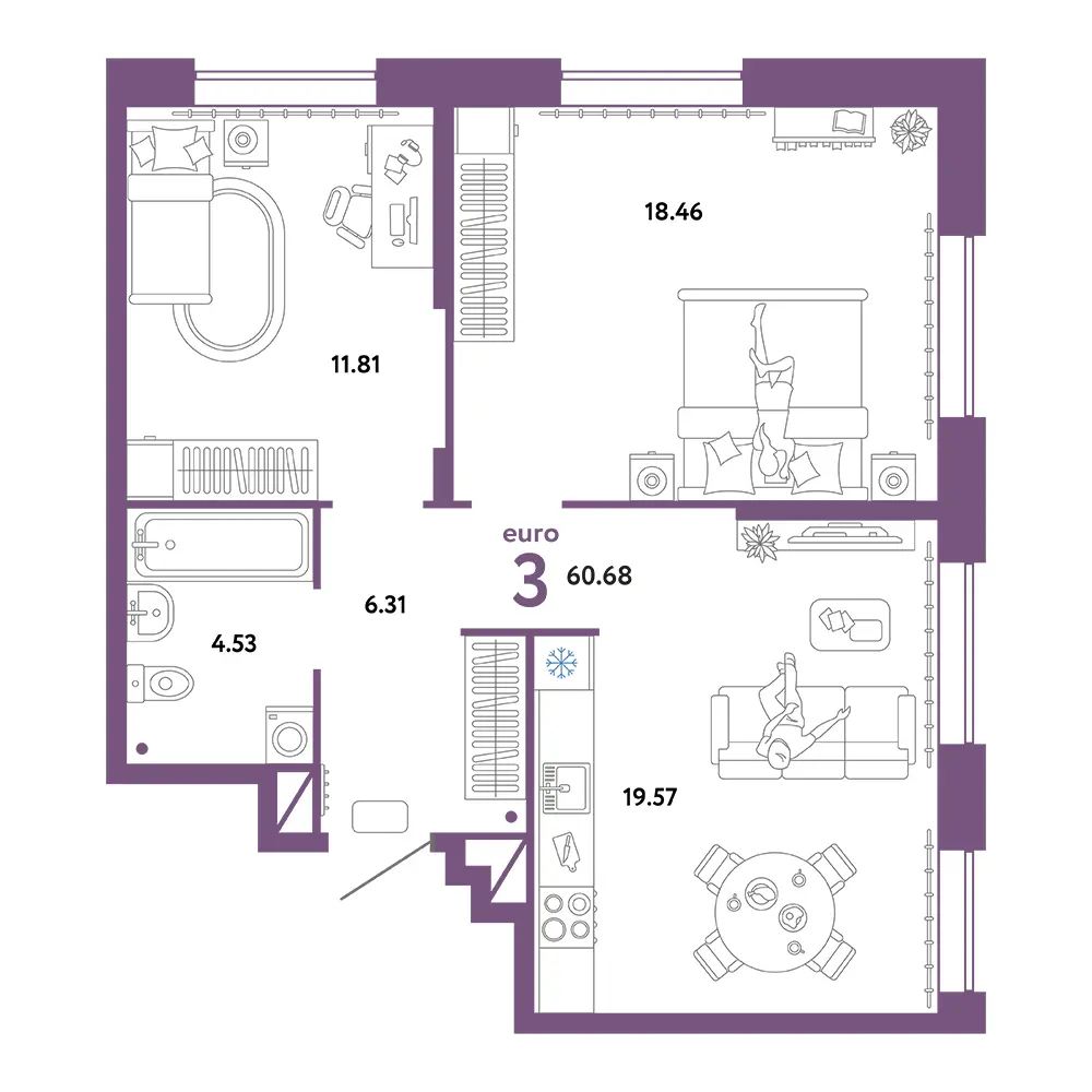 Планировка: Юнион 3-комнатная 60,68м²