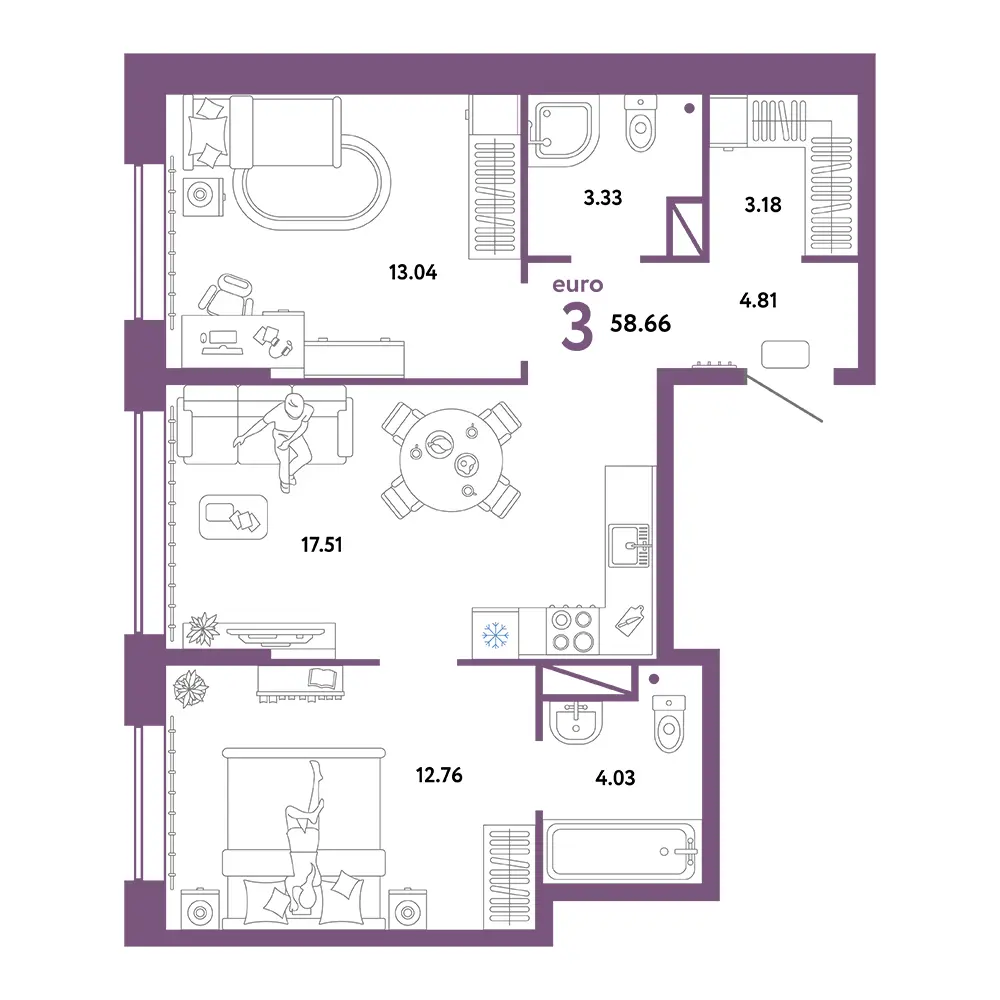 Планировка: Юнион 3-комнатная 58,66м²