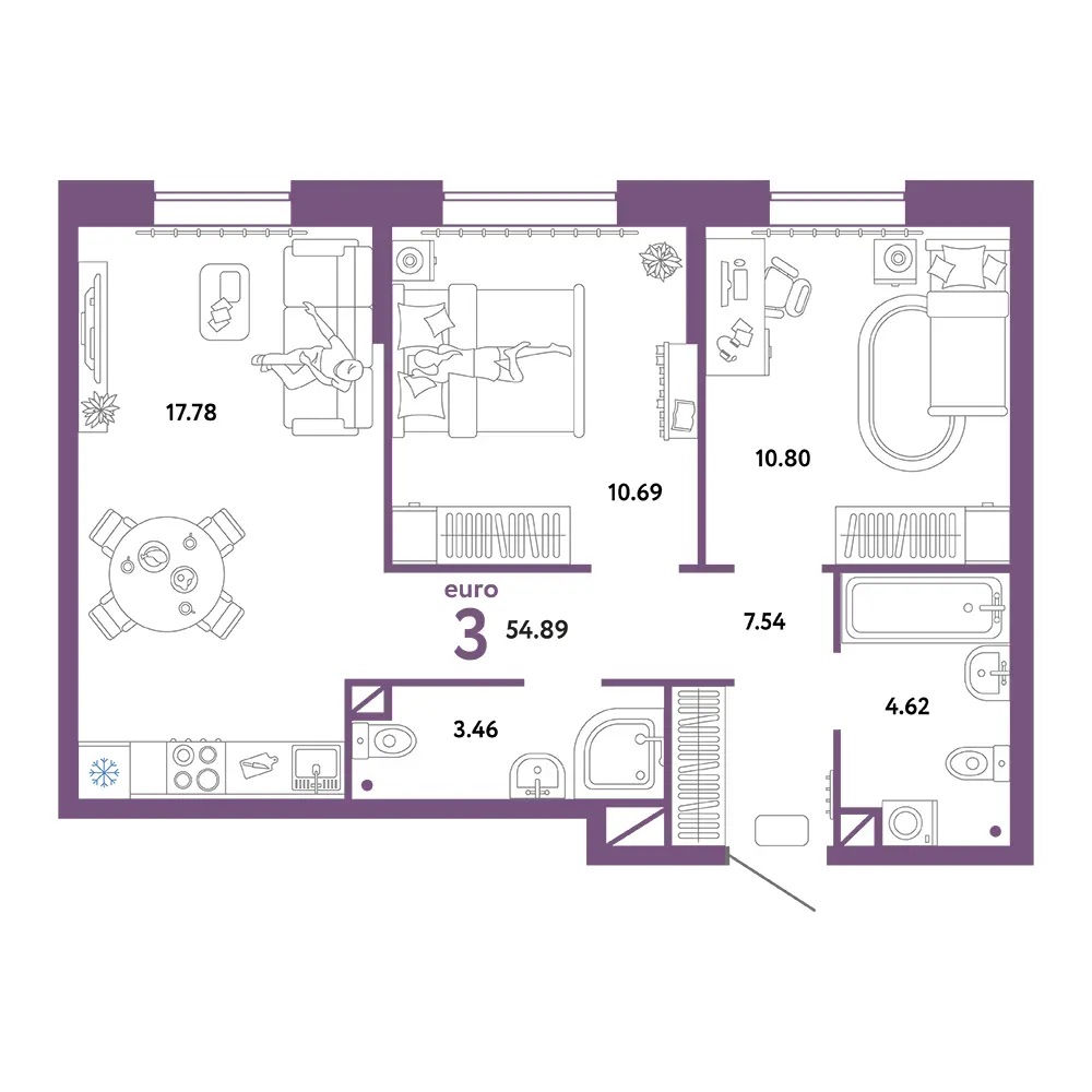 Планировка: Юнион 3-комнатная 54,89м²