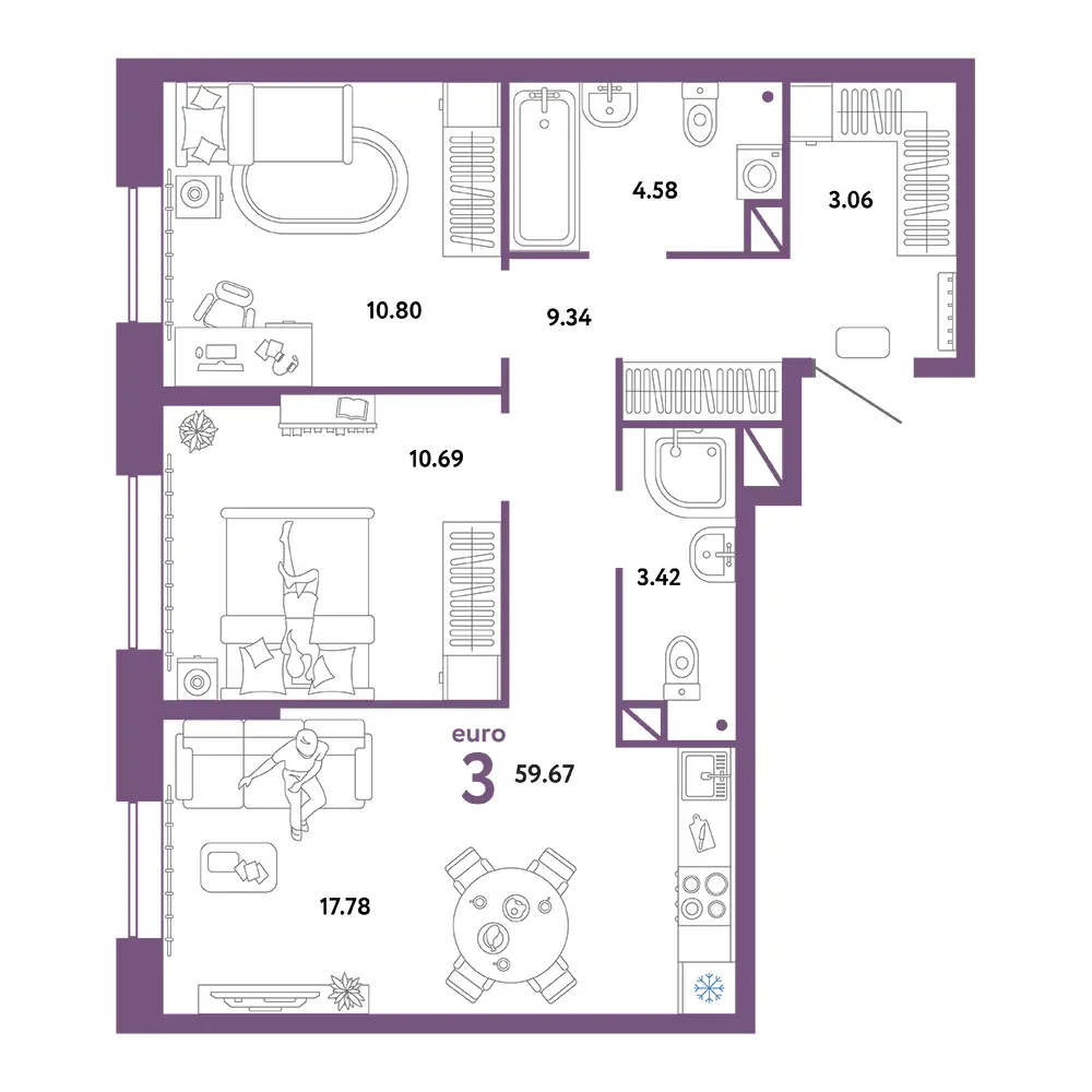 Планировка: Юнион 3-комнатная 59,67м²