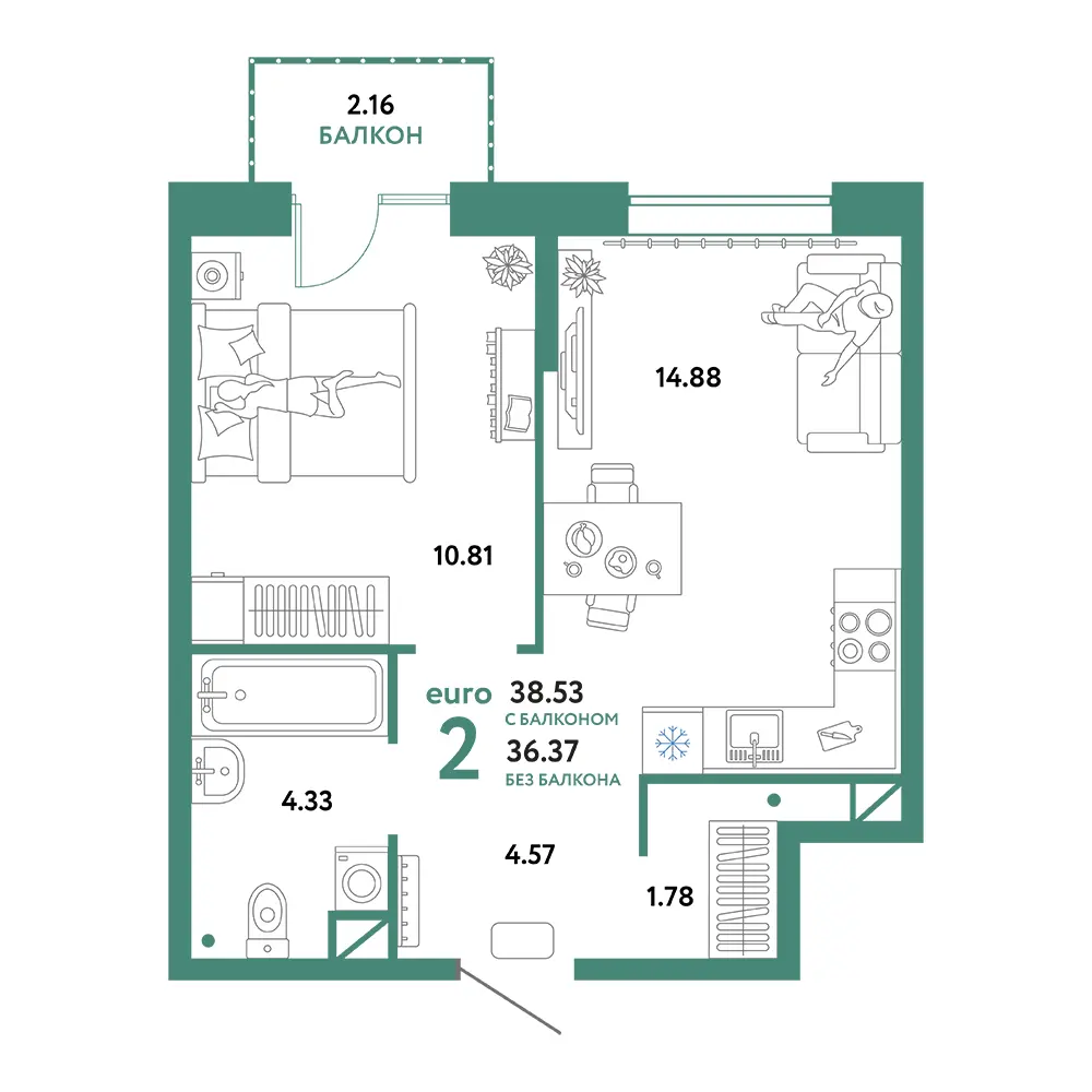 Планировка: Юнион 2-комнатная 38,53м²