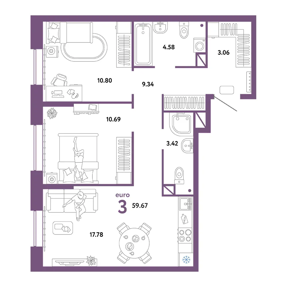 Планировка: Юнион 3-комнатная 59,67м²