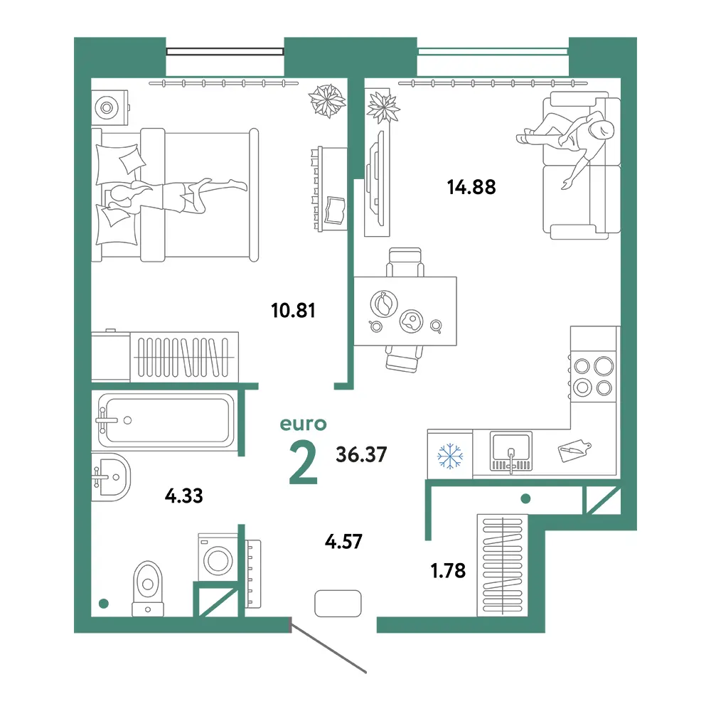 Планировка: Юнион 2-комнатная 38,53м²