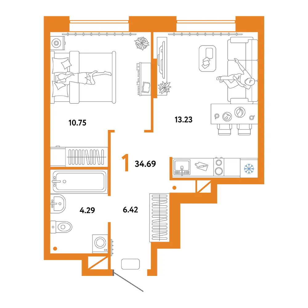 Планировка: Юнион 1-комнатная 34,69м²