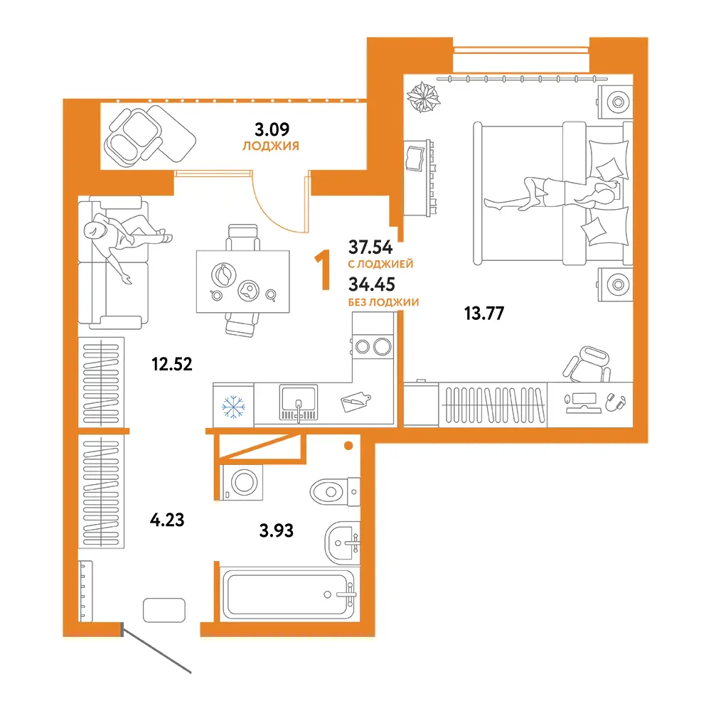Планировка: Юнион 1-комнатная 37,54м²