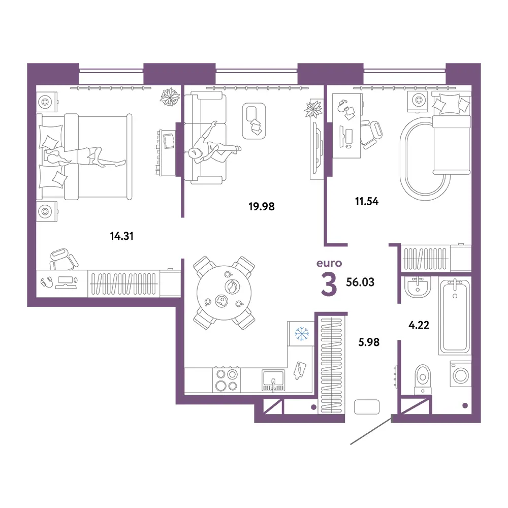 Планировка: Юнион 3-комнатная 56,03м²