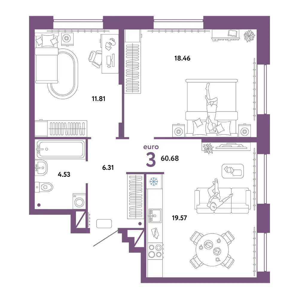 Планировка: Юнион 3-комнатная 60,68м²