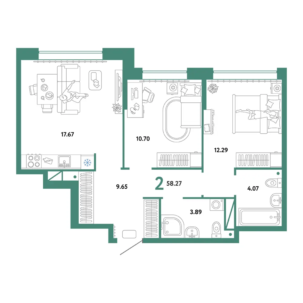 Планировка: Юнион 2-комнатная 58,27м²